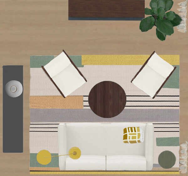 Contemporary Raumkonzept mit modernen, dunklen Holzmöbeln, heller Couch, matte grüne und gelbe Akzentfarben, Metall-Deko und Retro-Lampen.