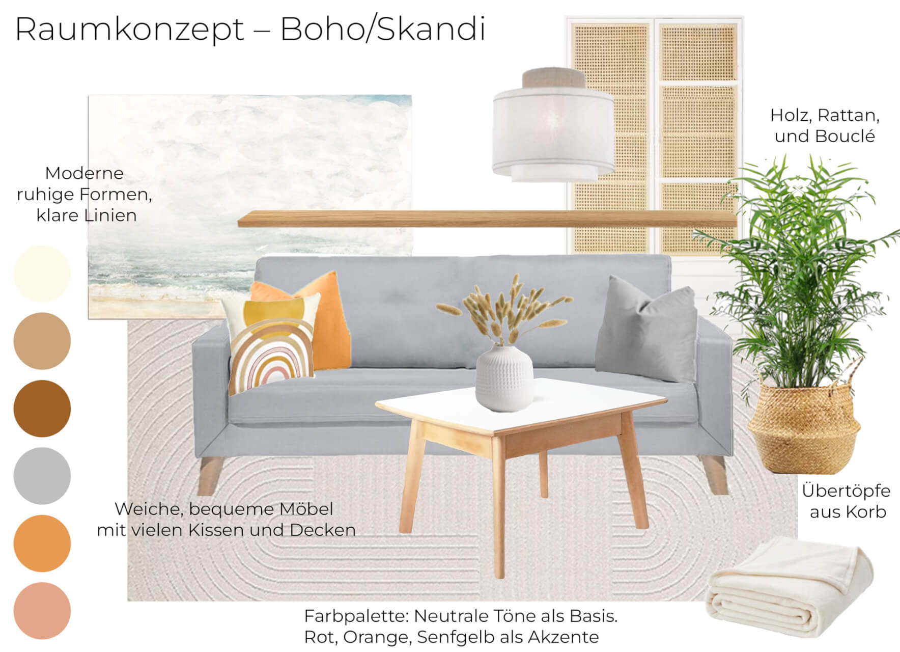 Einrichtungsstil: Skandi-Boho-Vintage Wohnzimmer mit grauem Sofa, hellem Holz, orangefarbenem Akzentkissen und hellen Wänden.
