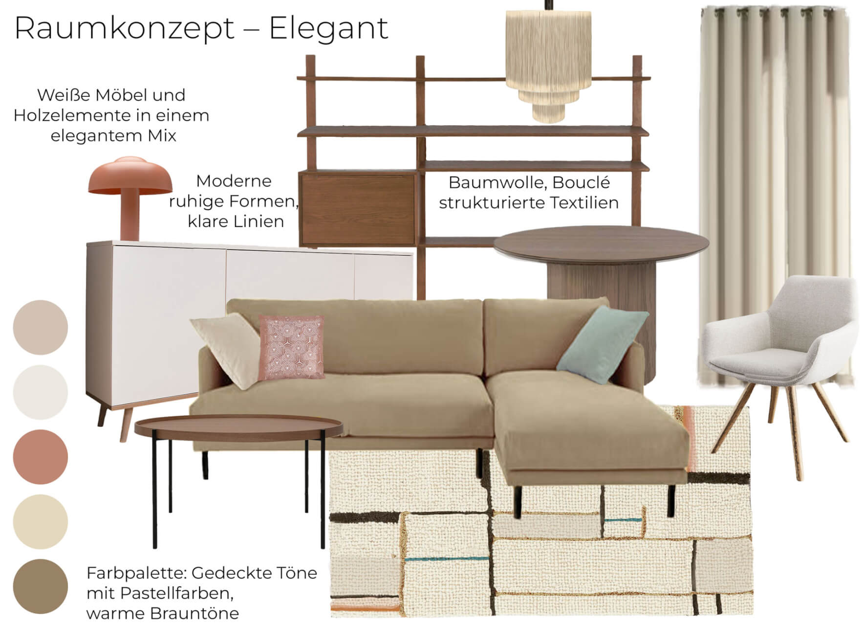 Modernes Raumkonzept mit eleganten Möbeln, natürlichen Materialien und klaren Linien.