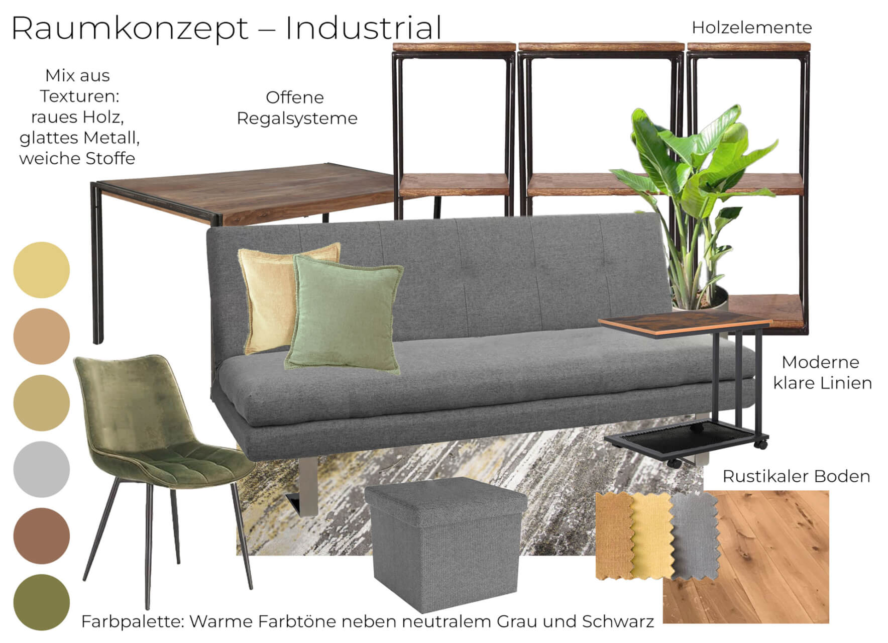 Einrichtungsstil:: Industrial Raumkonzept mit grauem Sofa, Holzelementen, Metallmöbeln und Akzentfarben in Gelb und Grün.