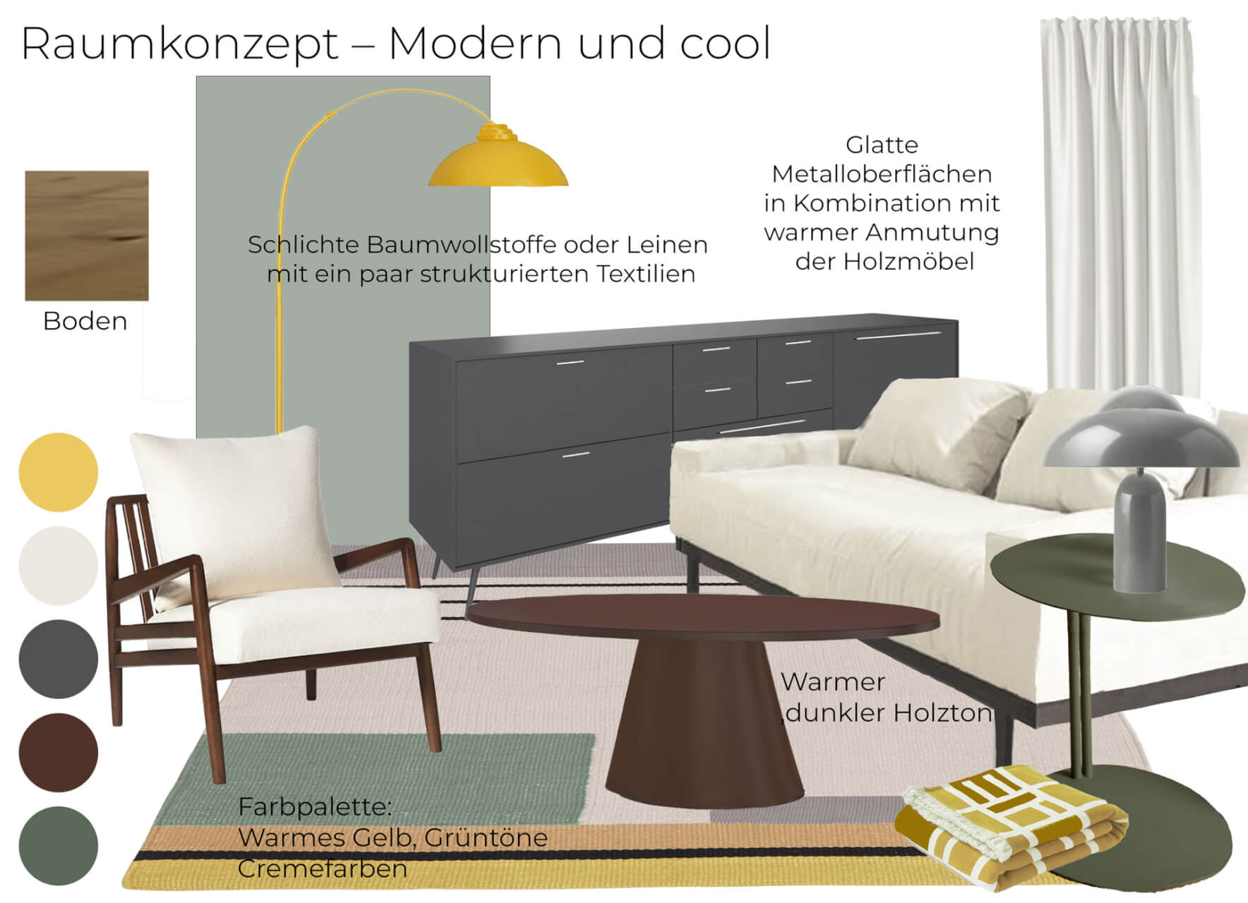Contemporary Raumkonzept mit modernen, dunklen Holzmöbeln, heller Couch, matte grüne und gelbe Akzentfarben, Metall-Deko und Retro-Lampen.