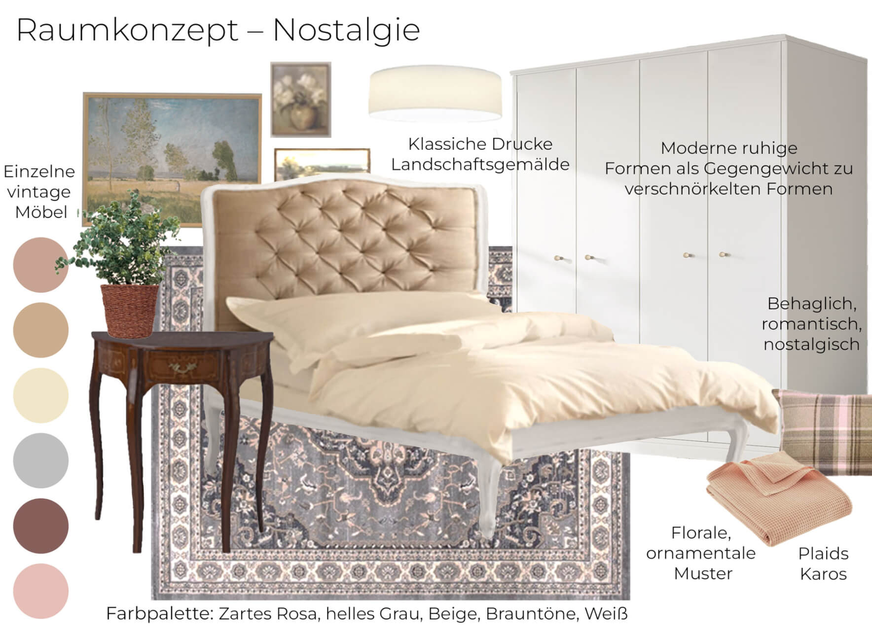 Grandmillenial Raumkonzept mit Vintage-Möbeln, modernen weißen Möbeln, rosa-grauen Akzenten, alten Gemälden und romantischer Atmosphäre.